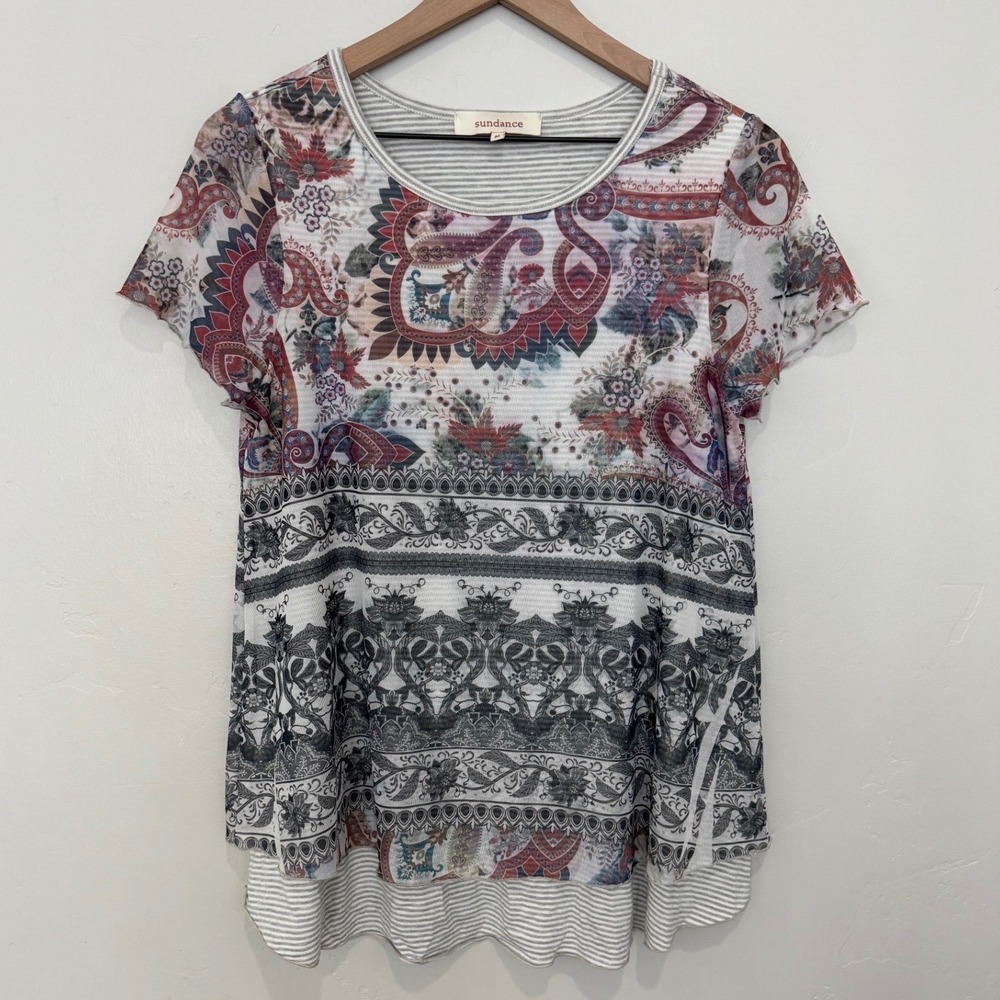 Sundance Paisley Burnout Mesh Layered Top Short Sleeve Artsy Boho M Whimsigoth